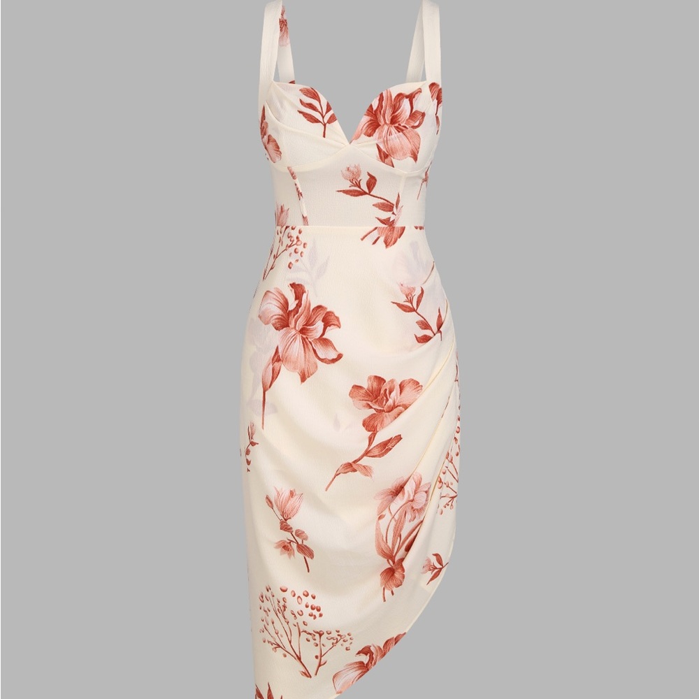 NWT Floral Ruched Asymmetrical Hem Midi Dress
